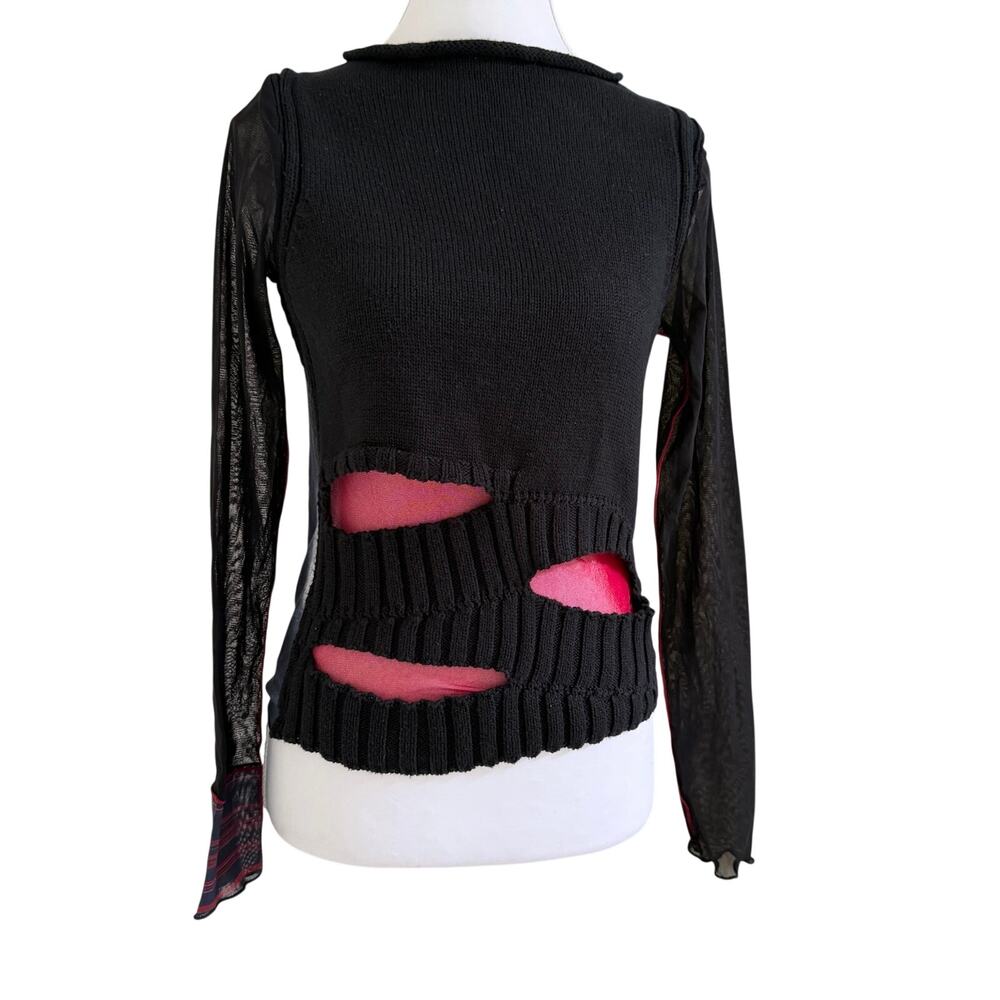 Vintage Cop.Copine Mesh Knit Cutout Top Made in France Black Red Size 1 XS S - Picture 3 of 9